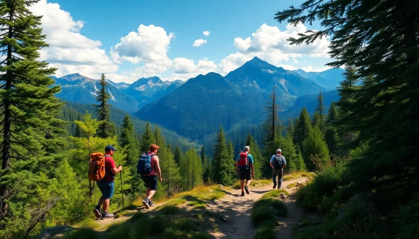 Hiking activity in lush forested mountains, showcasing outdoor adventure and nature exploration for enthusiasts.