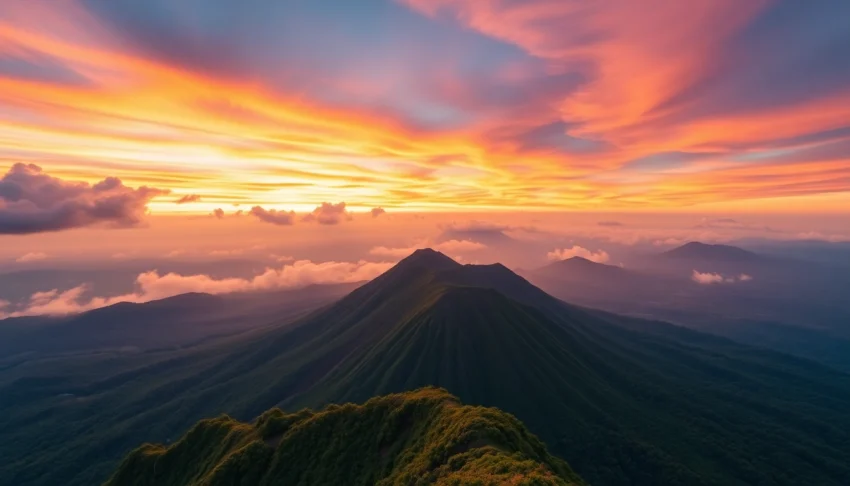 Majestic Mt. Rinjani with volcanic crater and surrounding forests, captured during dawn highlighting natural beauty and grandeur.
