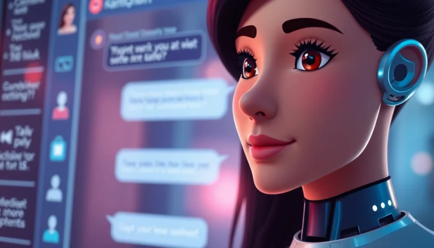 AI girlfriend engaging in a warm chat on a sleek digital interface, showcasing realistic interaction and emotional depth.