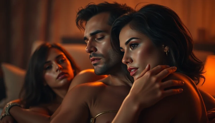 Realistic depiction of an AI porn generator creating detailed adult scene with lifelike figures and expressive emotions.