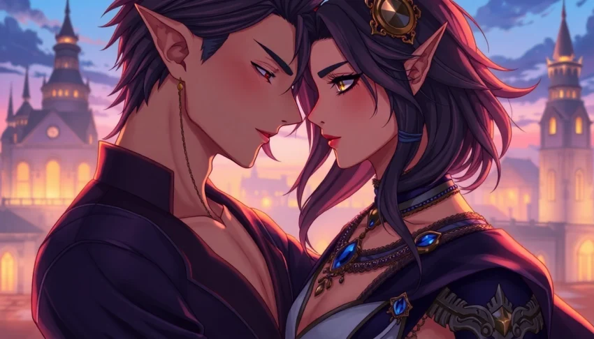 An intimate scene between an alpha and omega in a fantasy cityscape at twilight, emphasizing emotional connection and detailed character design.