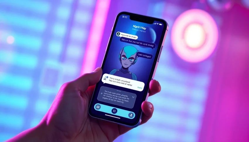 Close-up of a smartphone screen displaying an alluring AI chat interface with a cyberpunk background.