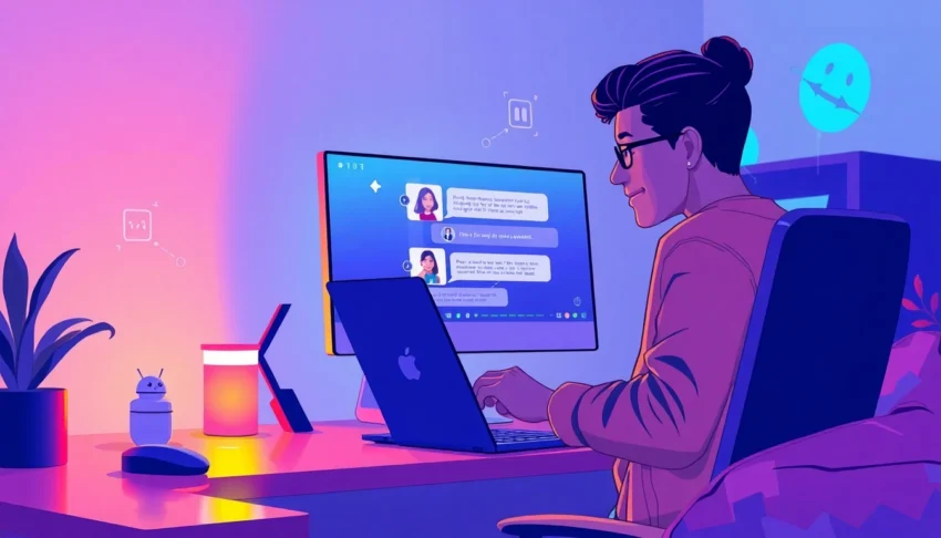 A person using a laptop in a cozy, modern room with futuristic holographic interfaces, highlighting AI chat technology.
