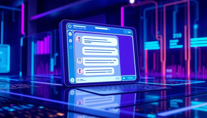 An illustration of a high-tech adult AI chatbot interface with neon accents and a digital environment.