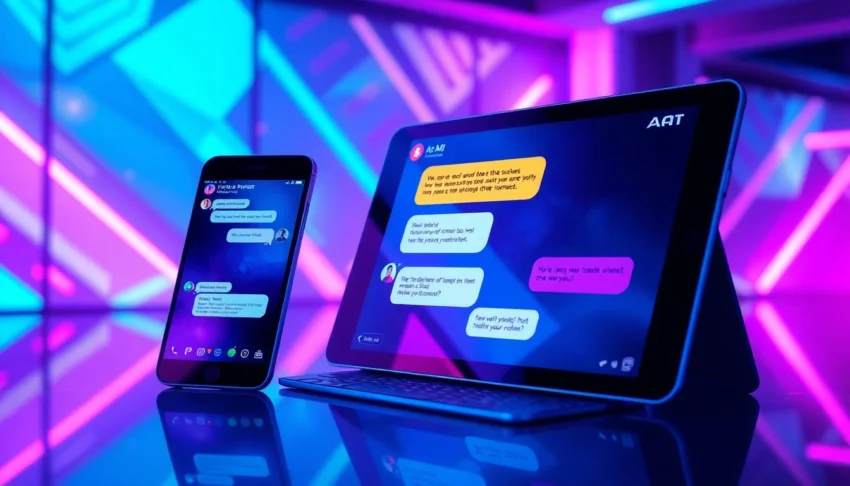 Digital illustration of AI chat interfaces on multiple devices with neon lighting and futuristic background.