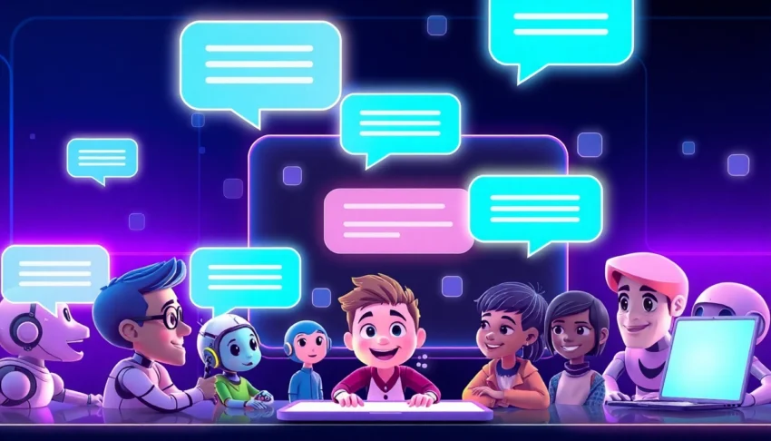 Futuristic AI chat characters engaging in conversation on a high-tech interface.