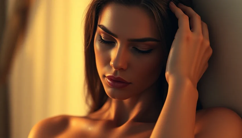 Detailed NSFW AI-generated scene showing a realistic digital character with soft lighting and warm tones for immersive visual appeal.