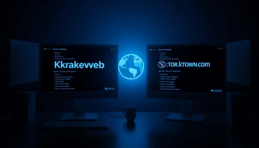 Secure Kraken зеркало access with monitors displaying mirror links and TOR browser icon in dark web environment.
