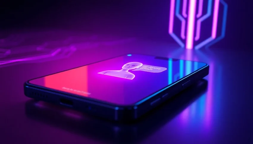 A futuristic AI chat interface on a device screen with neon colors and digital patterns, emphasizing advanced technology and intimacy.