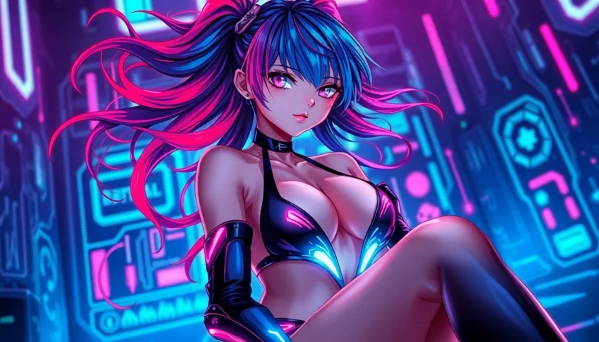 Anime-inspired female character in cyberpunk setting with neon lights and high-tech elements.