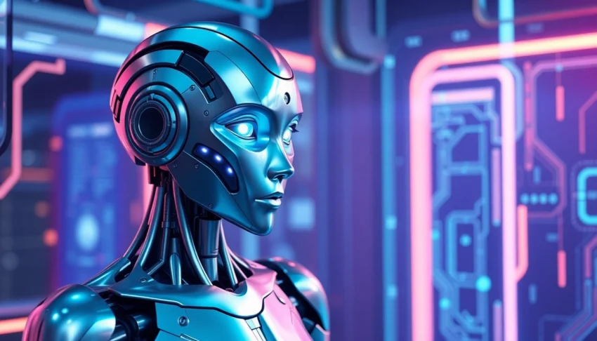 高品質、逼真的3D AI 公仔，呈現未來科技風格的機械人，背景為數位霓虹光影，展現高科技感與細緻材質。