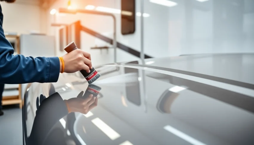 Professional applying Wohnmobil Politursiegelung to a shiny camper van to enhance protection