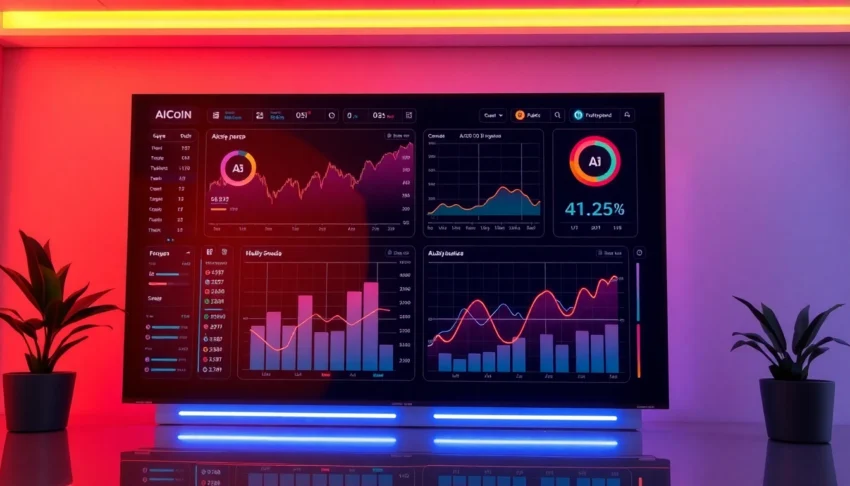 Visual representation of AICoin cryptocurrency with market charts and digital analytics for