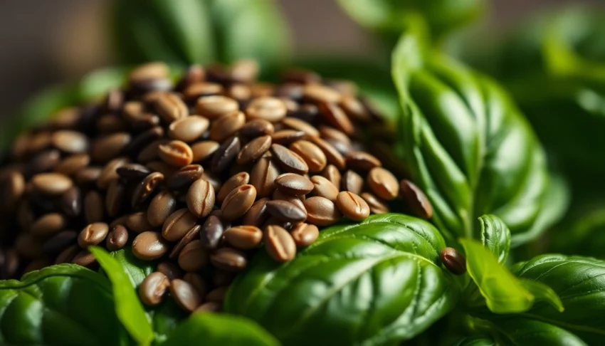 Basil Seeds shown with fresh basil plant highlighting quality and purity for cooking and health